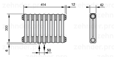 Схема (чертеж) Радиатор Zehnder Charleston 2030/9 №3470 Белый глянцевый RAL 9016